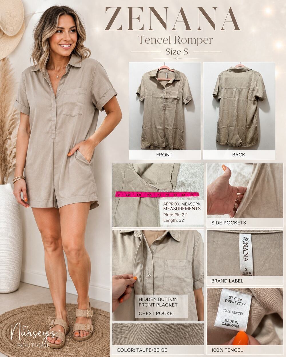 Zenana Small Taupe Tencel Shirt Dress Tunic Collared Pockets